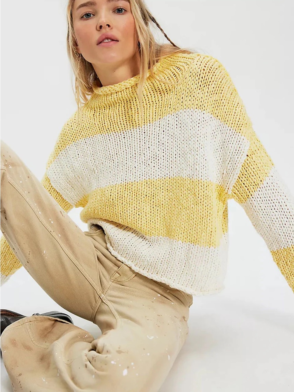 Free People Opal Rollneck Rugby Stripe Yellow & White Knit Sweater